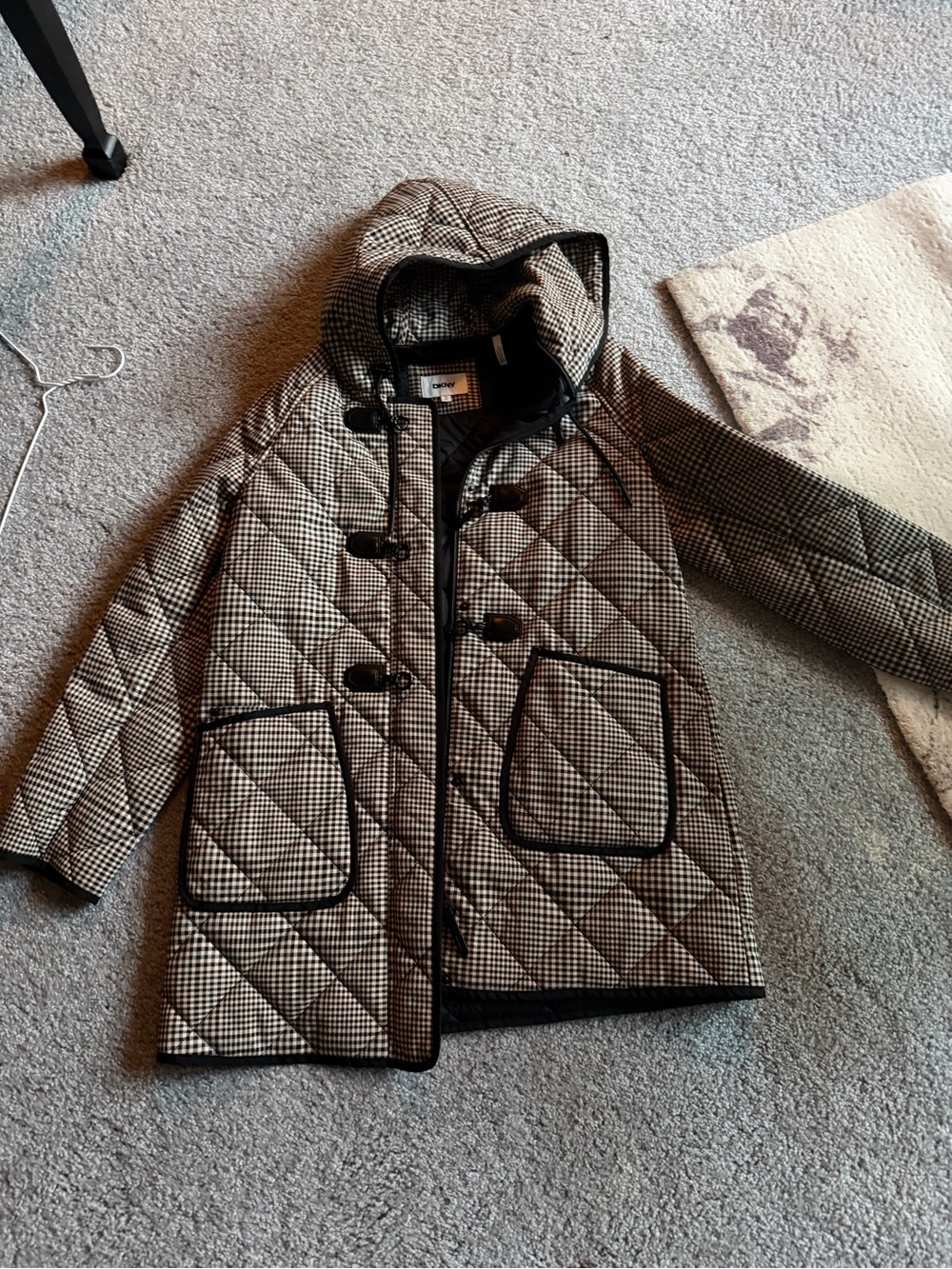 DKNY Black and Ivory Quilted Houndstooth Hooded Toggle Coat